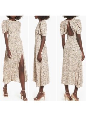 AFRM Lala Midi Dress Floral Smocked Back Slit Cream Size Small